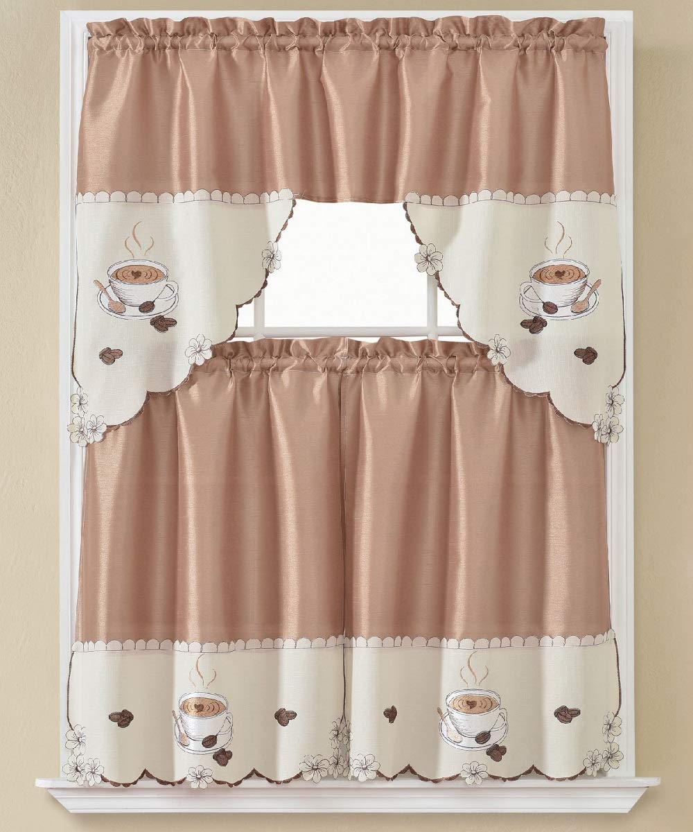B&H Home Coffee Time Embroidered 3-Piece Kitchen Curtain Window Treatment Set (Morning Coffee Time)