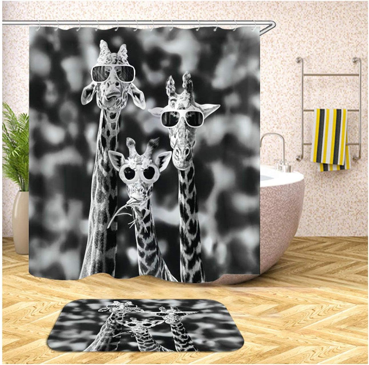 Elsie Lopez Shower Curtain Bath Mat Giraffe Wearing Glasses Shower Curtains Colorful Bath Mat 40x60cm(16x24inch) with Bathroom Curtain 150x200CM(60x78inch)