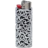 HUMWE Vintage Metal Lighter Case Sleeve Cover Holder with Hollow Pattern Design for BIC Full Size Lighter Type J6 (Silver)