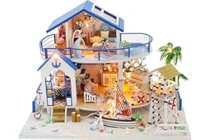 YSWOOD WORLD DIY Miniature House Kit, Tiny House Kit with Furniture & LED, DIY Wooden Dollhouse Miniature Kit for Adults Teen, Wooden Crafts Lovely Dollhouse Kit, Home Decor - Blue Ocean Legend