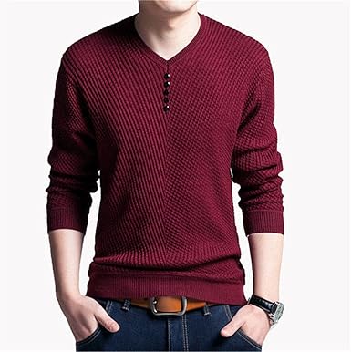 Jersey de Color sólido Hombres con Cuello en v suéter Camisa de Manga Larga para Hombres Suéteres de Lana Vestido Casual de Lana Prendas de Punto de Cachemir Pull Homme Red XXL: