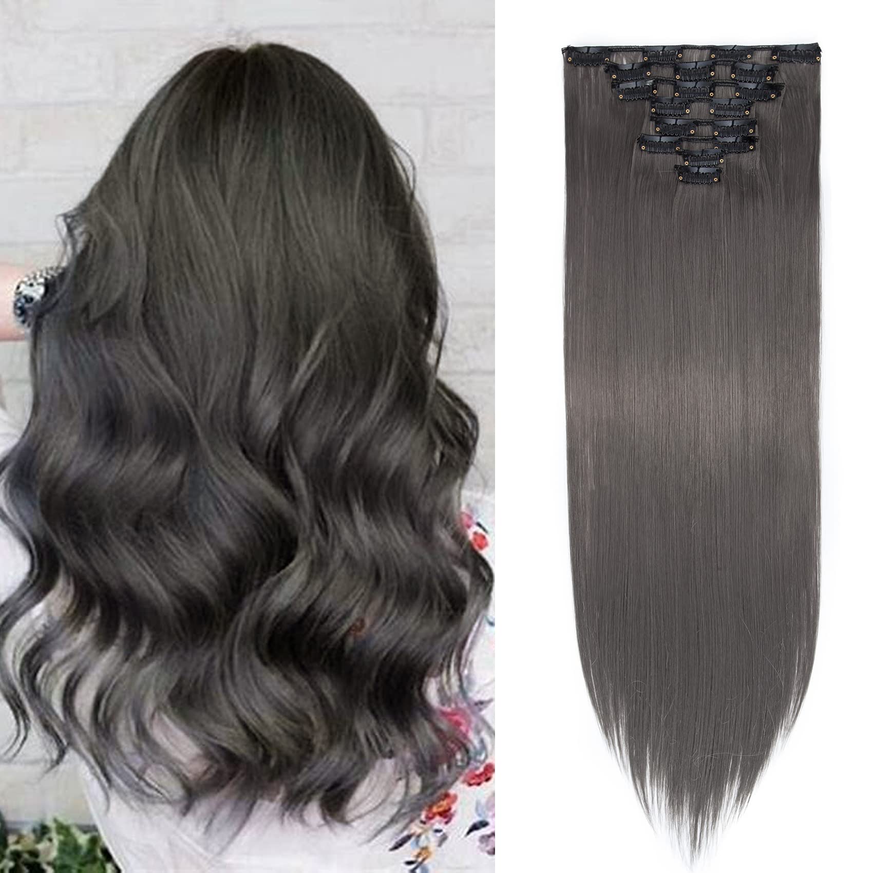 8Pcs Dark Grey Hairpiece Extension Clip in Hair Extensions 26inch Long Straight Synthetic Hair Pieces for Full Head [140g]