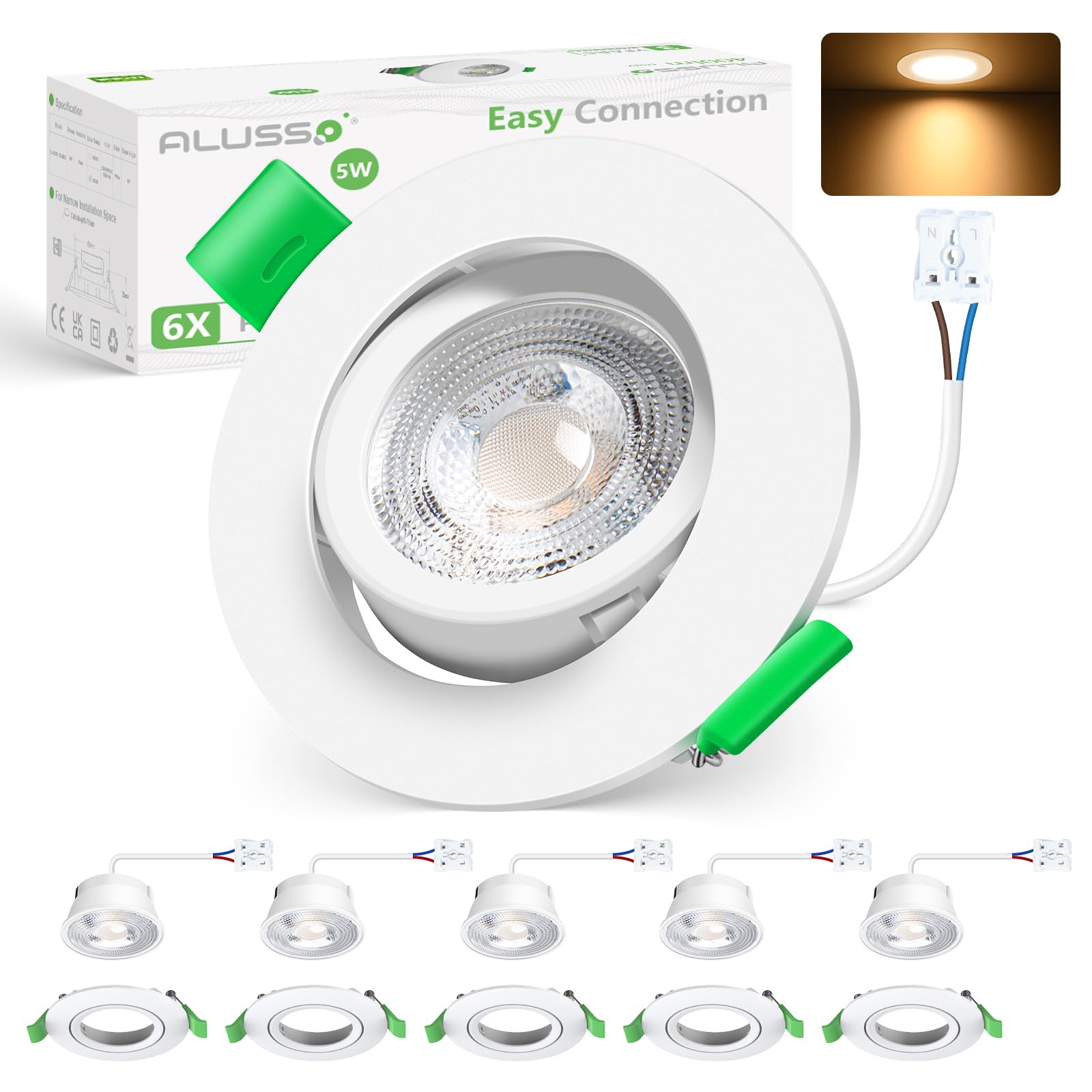 ALUSSO LIGHTING Downlights for Ceiling Ultra Slim 5W, Swivel LED Recessed Ceiling Lights, Warm White 3000K Downlights Non-Dimmable, IP44 Round Bathroom Spotlights for Kitchen Living Room, 6 Pack