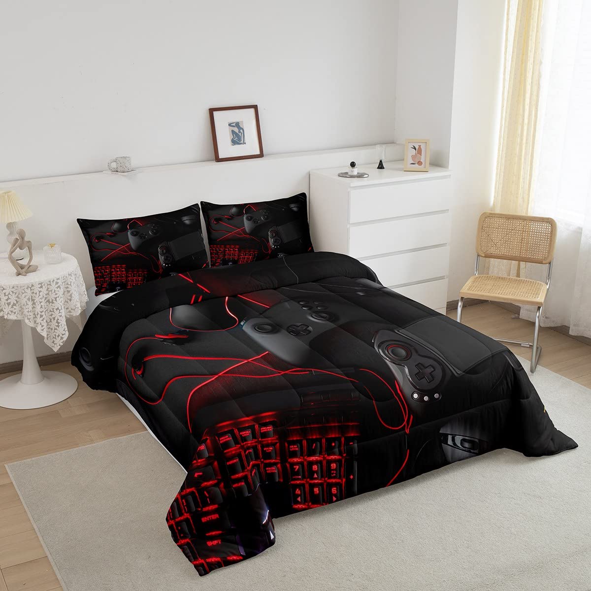 Gamer Comforter Set Black Gamepad Down