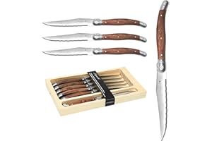 JS Gourmet Steak Knives Set of 6 Forged Stainless Steel, Serrated Blade Edge, Laguiole French Steak Knives with Ergonomic Woo