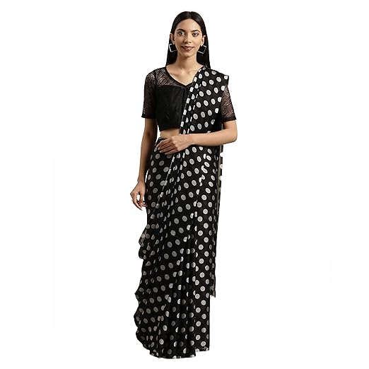 Womanista crepe with Blouse Piece Saree (TKIM802_ Black & Grey_ Free Size)