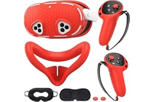 KANG YU Silicone Cover Set Compatible with Meta/Oculus Quest 3s Accessories, VR Silicone Face Cover, VR Shell Cover,Touch Controller Grip Case,Camera Lens Protector Set (Red)