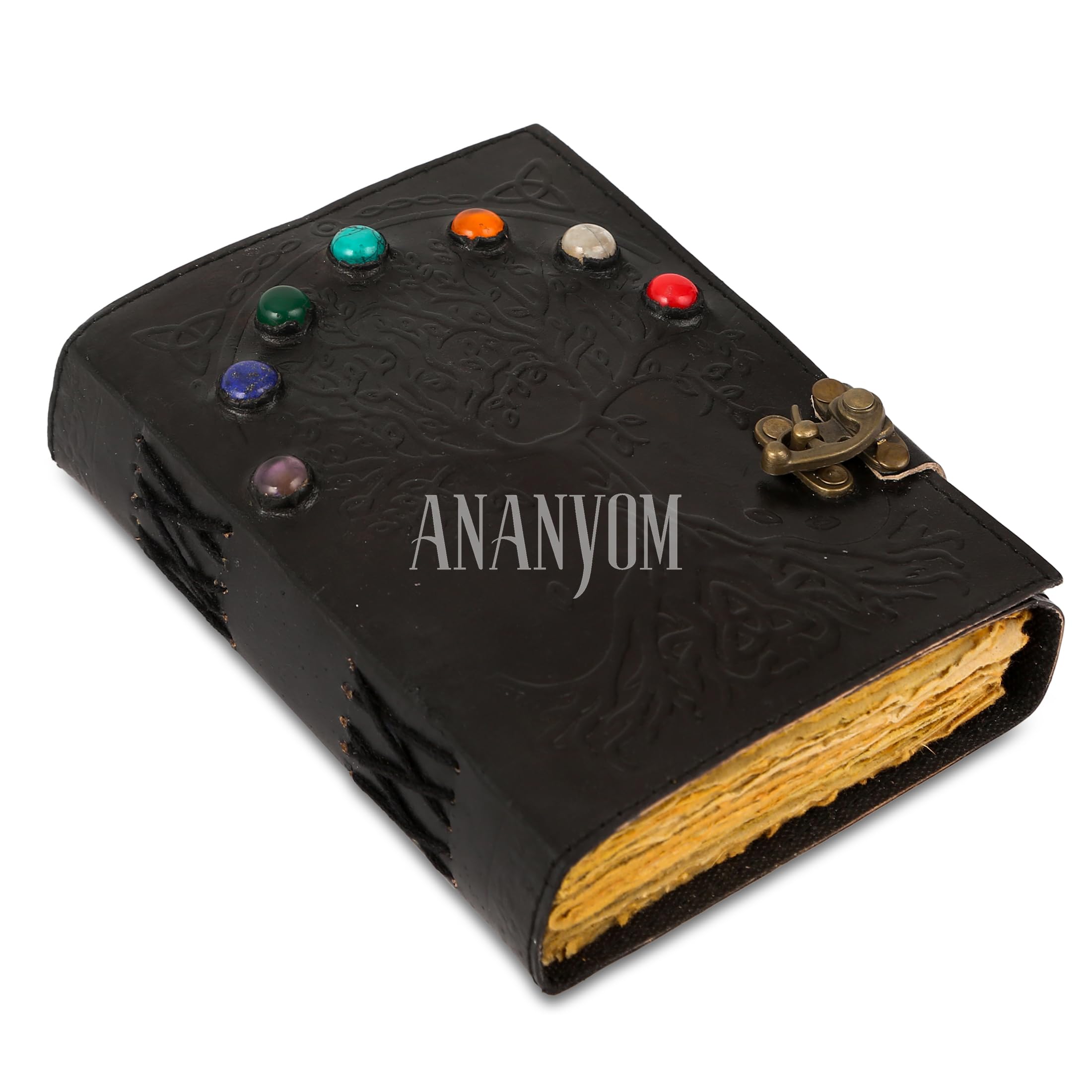 ANANYOM Handmade Leather Journal, Black, Tree Of Life 7 Chakra Design Notebook Diary, Sketchbook with Brass Clasp Lock, Embossed Journal for Men & Women, Office Journal Deckle Edge Unruled 200 Pages