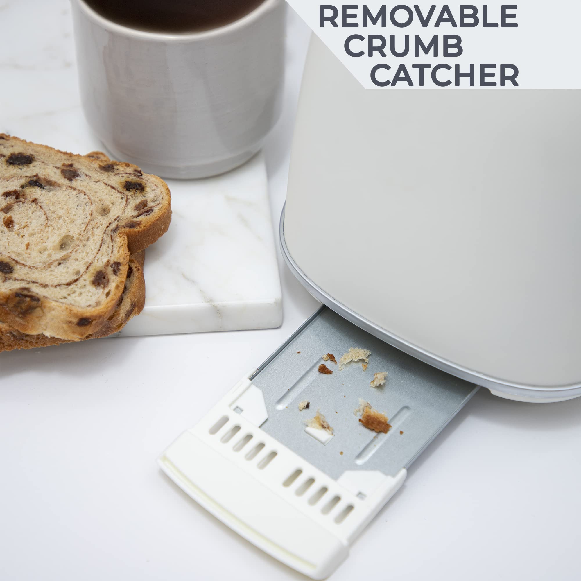 Rae Dunn Tostadora de pan redondeada retro, tostadora de acero inoxidable de 2 rebanadas con bandeja para migas extraíble, ranura ancha con 6 niveles de dorado, opciones de bagel, descongelación y cancelación, color crema