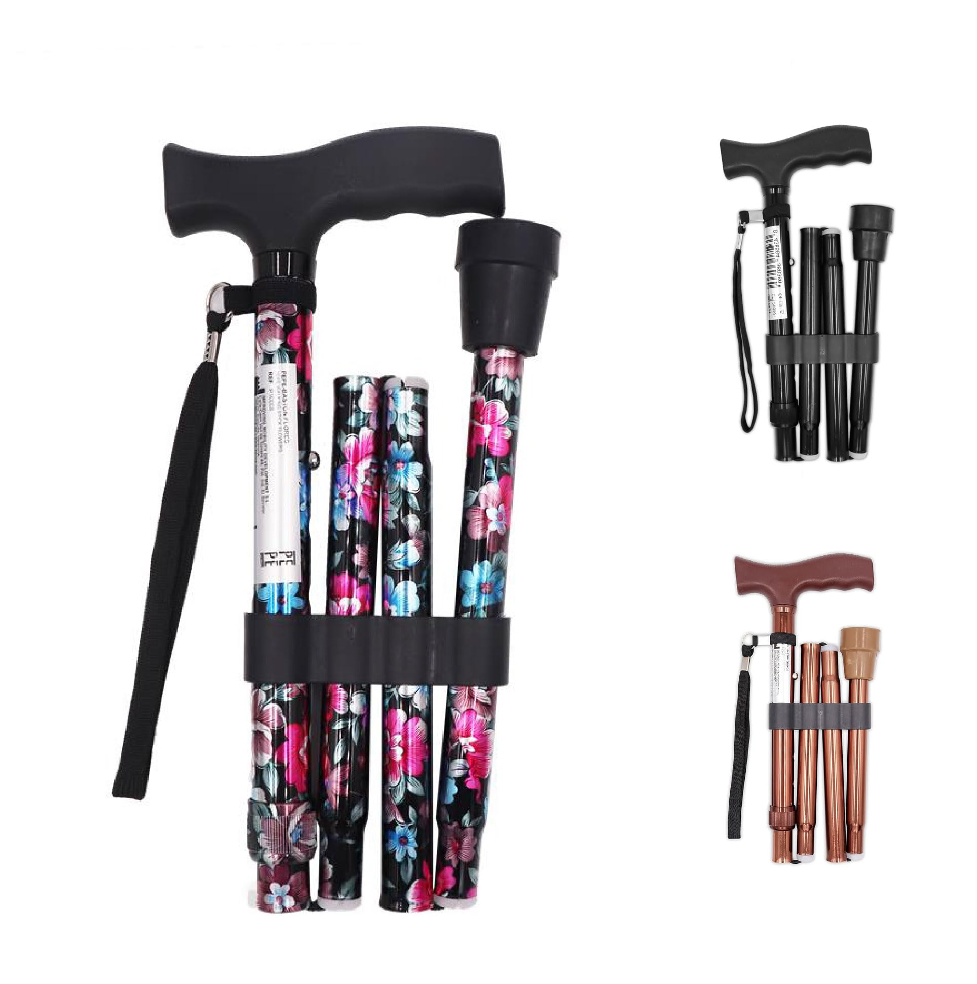 PEPE Mobility Foldable Walking Stick for Women and Men, Adjustable Height, Left Or Right Handed, Non-Slip Rubber Tip, Unisex, Colourful Flowers