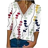 Spring Floral Tops for Women Casual Loose Fit Shirts Crochet Lace V Neck 3/4 Sleeve Tunic Shirts Casual Dressy Tee Shirts