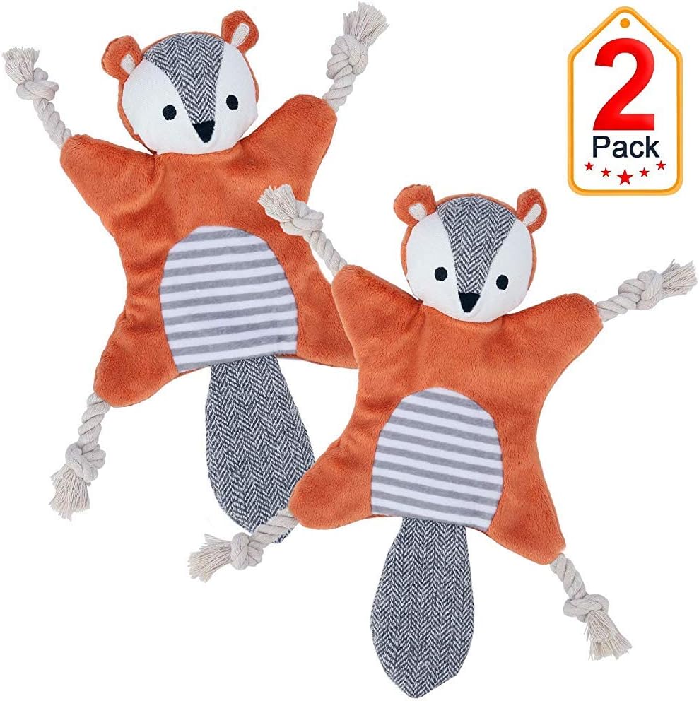 Stuffless Dog Toy for Puppy, Crinkle Dog Toy Flat Squeaky Plush Toys with Tug Rope Knots, Hunting Fetching Dog Chew Toy for Small Medium Dogs (Orange)
