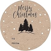 Andaz Press Christmas Round Circle Gift Sticker Labels, Modern Black Forest Trees On Kraft Brown, Merry Christmas, 40-Pack, Black to and from Stickers
