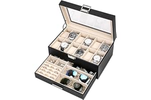 Voova Jewelry Box Organizer for Men Women, 2 Layer Large 12 Slot PU Leather Watch Storage Case, Glass Top Jewelry Display Holder for Watches Sunglasses Rings Necklaces Bracelets,Black