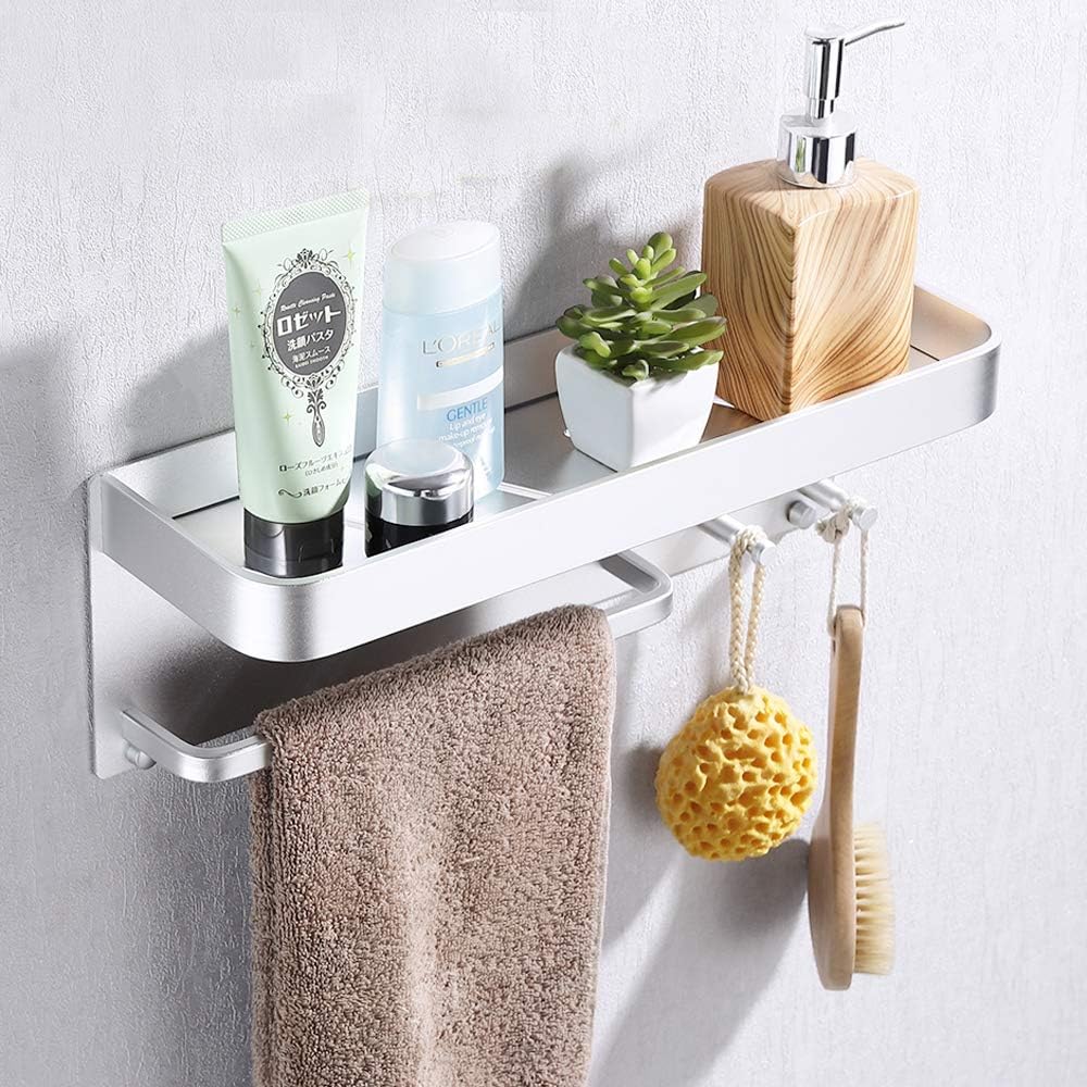 KES Bathroom Shelf with Towel Bar and 2 Hooks Adhesive Shower Storage Aluminum Kitchen Shelf No Drill Wall Mount Anodized Silver, BSC404DG - - 