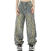 Aelfric Eden Mens Jeans Ripped Patchwork Fringe Denim Pants Wide Leg Y2K Jeans Hip Hop Streetwear Baggy Straight Trousers
