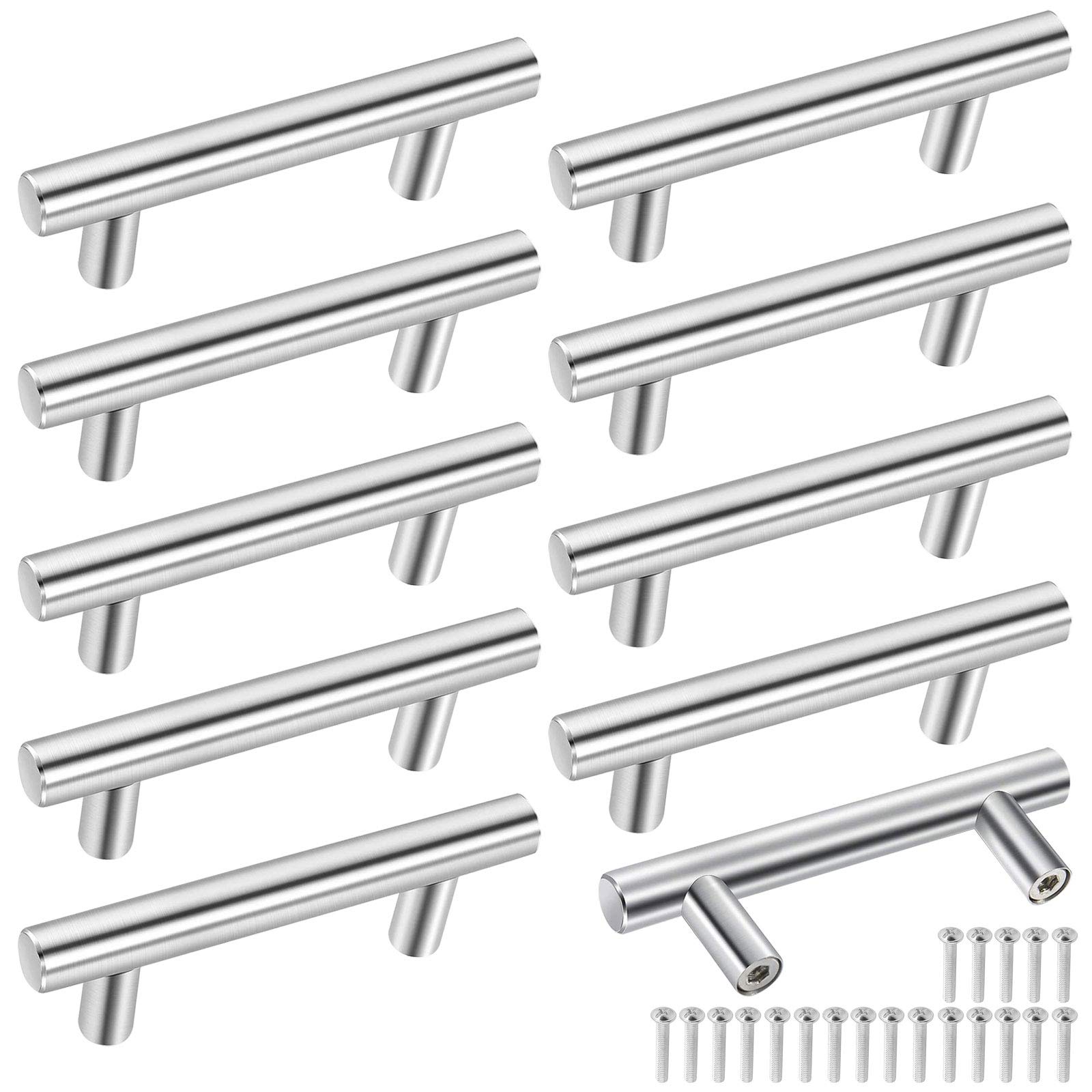 unknow OUBTDK 10 Pack Kitchen Door Handles 63mm Hole Cupboard T Bar Handles Cabinet Drawer Handles Brushed Stainless Steel Furniture Door Pulls with Screws for Kitchen Bedroom Dresser Door Wardrobe