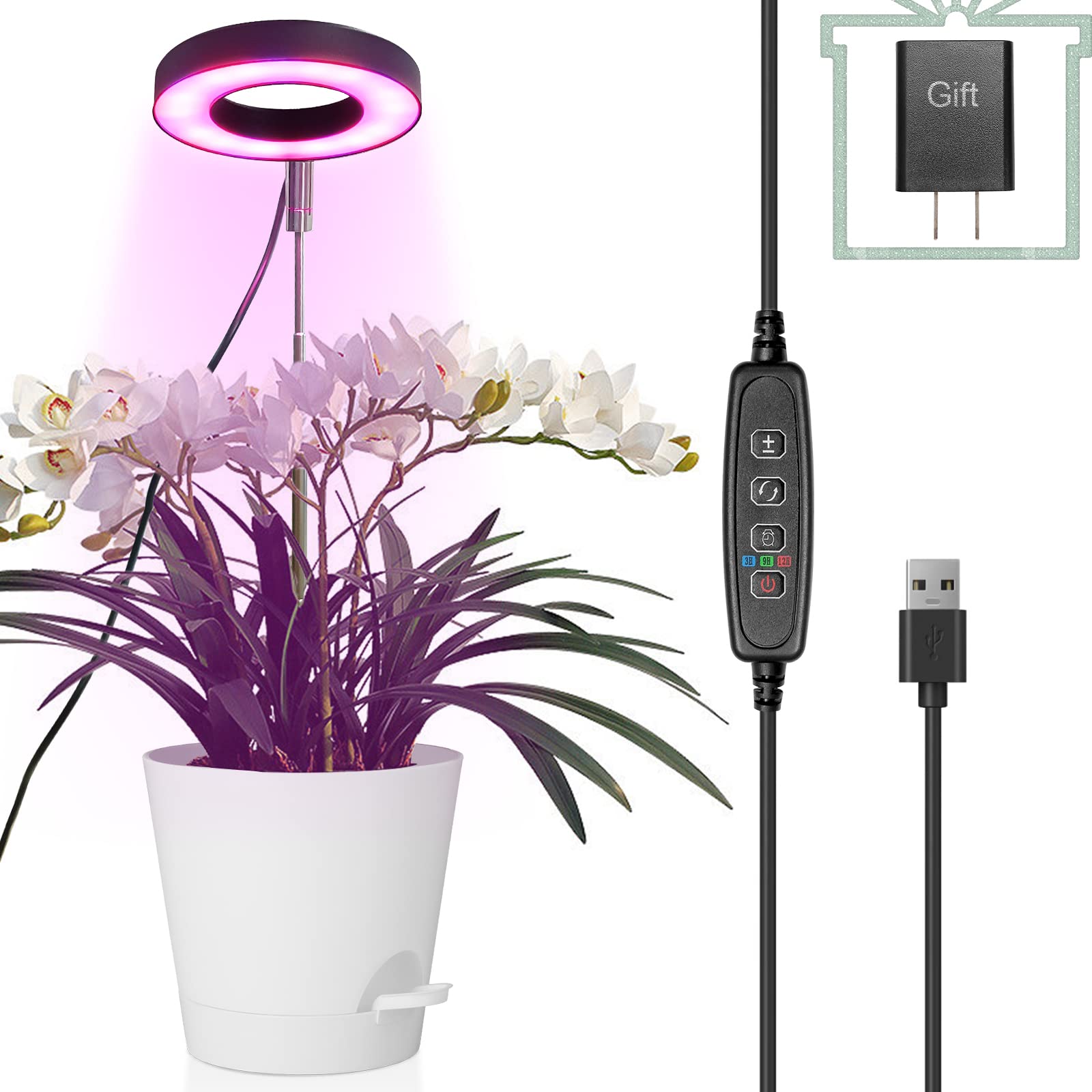 Grow Lights for Indoor Plants, LED Grow Lights Full Spectrum, Height Adjustable Plant Light with Auto On/Off Timer 3/9/12h, Grow Lamp with 10 Dimmable Brightness, 5V Low Safe Voltage