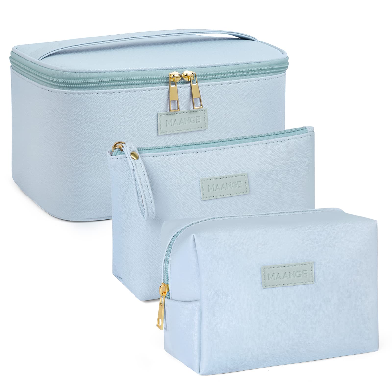 3 Pcs Makeup Bag(L+M+S) MAANGE Travel Makeup Bag with Brush Compartment Waterproof Cosmetic Bag PU Leather Portable Makeup Organizer Bag for Women, Blue
