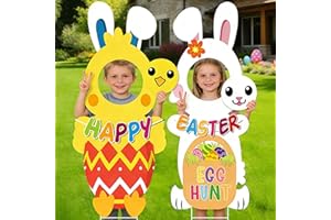 Easter 2 Pack Bunny Yard Signs, 3D Look Garden Backdrop with 12 Stakes Cute Front Porch Outdoor Decor with Eggs Chicks