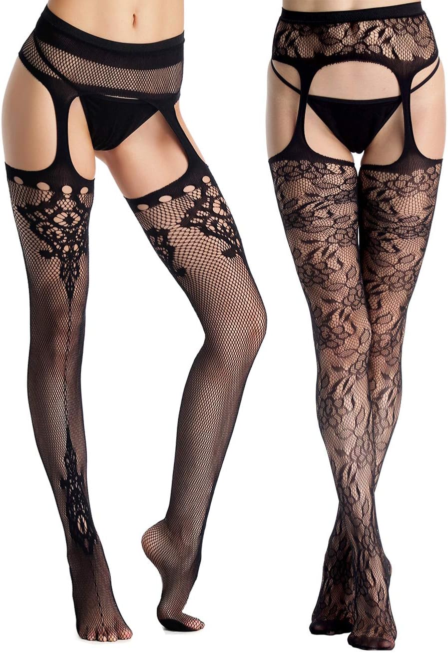 Florboom Womens Fishnet Suspender Pantyhose Crotchless Garter Tights 2 Pack