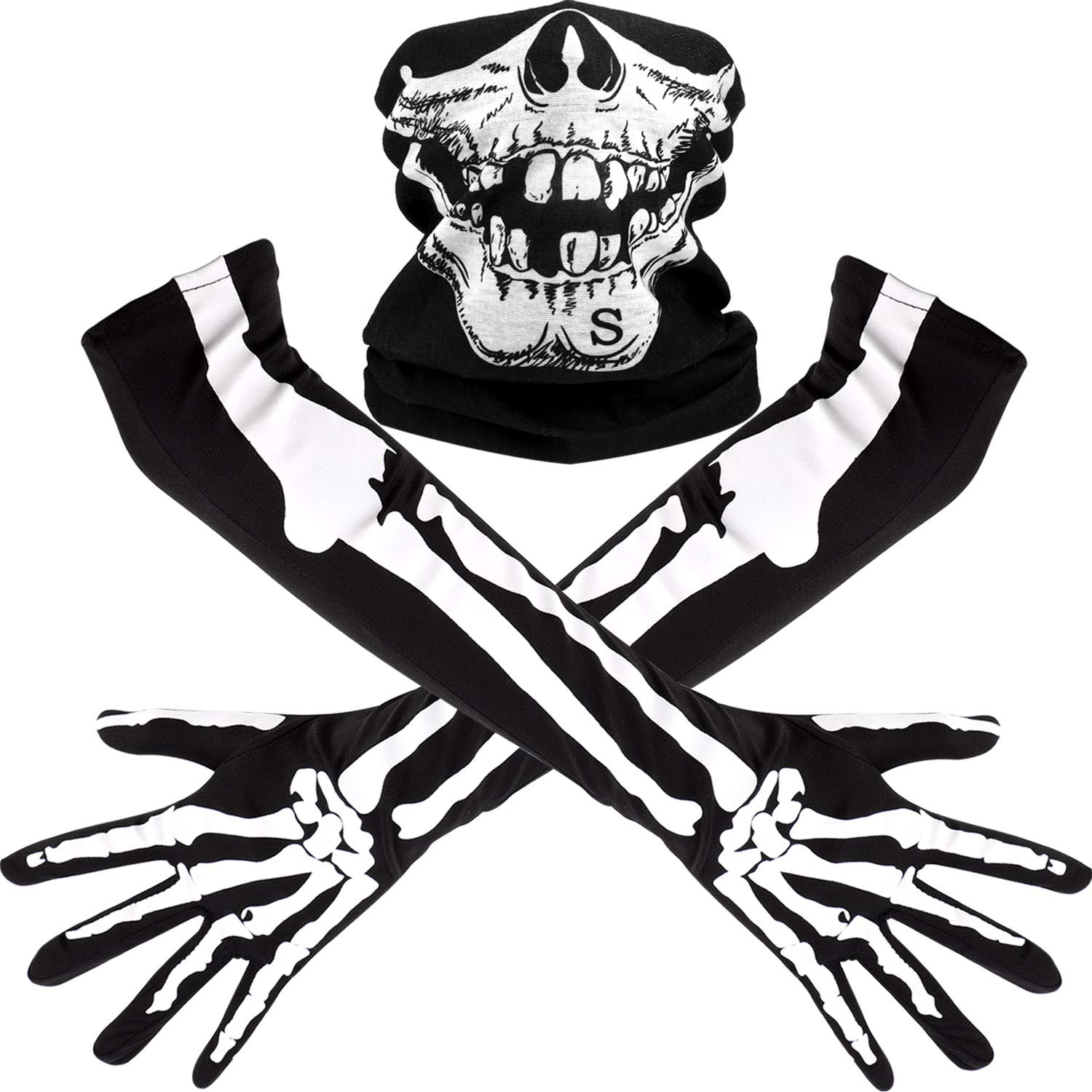 Tatuo White Skeleton Long Gloves and Skull Face Mask Half Ghost Bones Cosplay Costumes for Adult Halloween Dance Costume Party (1 Set, Style A)