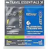EZStrip Travel Pack with Energy & Sleep Supplements - 30 Count - Portable Pack with Caffeine Strips for Energy and Melatonin Strips for Sleep Support During Travel - Made in USA, Sugar & Gluten Free