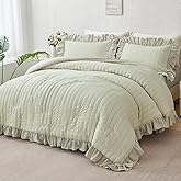 ZSYAYAHA Ruffle Beige Grey Bedding Sets with Sheets 5 Pieces King Bed in A Bag Set Seersucker Ruffled Comforter Set for Women Fluffy Shabby Chic Bed Sets All Seasons(Beige Grey, King)