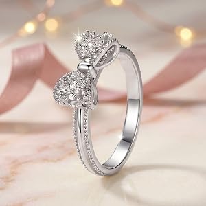 925 Sterling Silver Bowknot Promise Ring, CZ Dainty Promise Stackable Band for Women