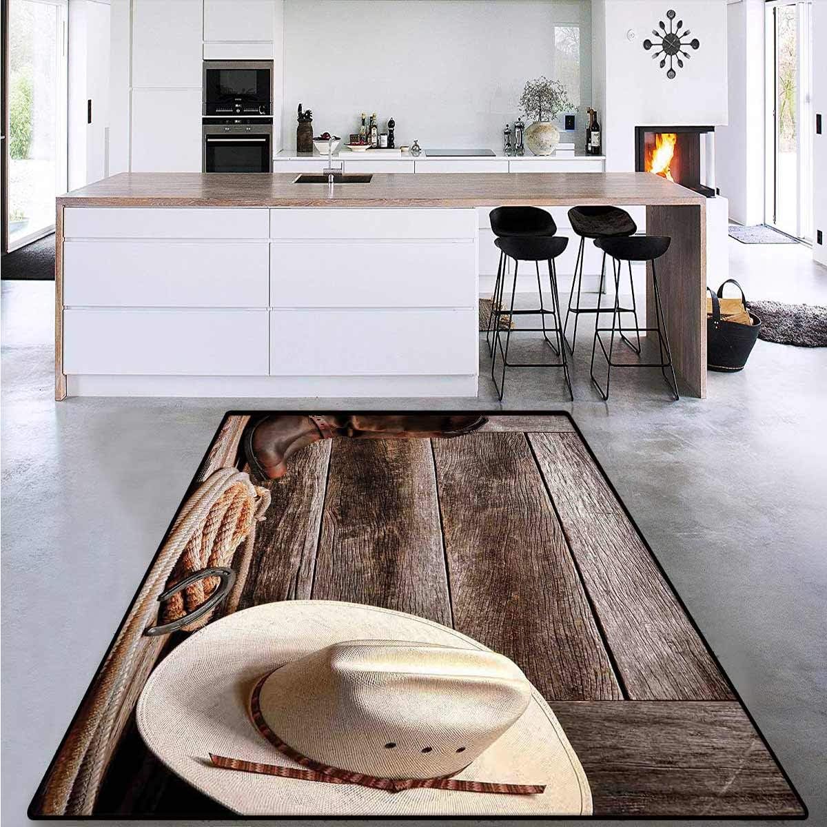 Western Decor, Bath Mats Carpet, American West Rodeo White Straw Cowboy Hat with Lariat Leather Boots on Rustic Barn Wood, Area Rug Bedroom 4' x 6'