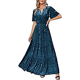Amegoya Women's Velvet Short Sleeve V Neck Formal Wedding Guest Maxi Dresses Fall Evening Party Long Dresses
