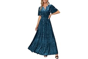 Amegoya Women's Velvet Short Sleeve V Neck Formal Wedding Guest Maxi Dresses Fall Evening Party Long Dresses