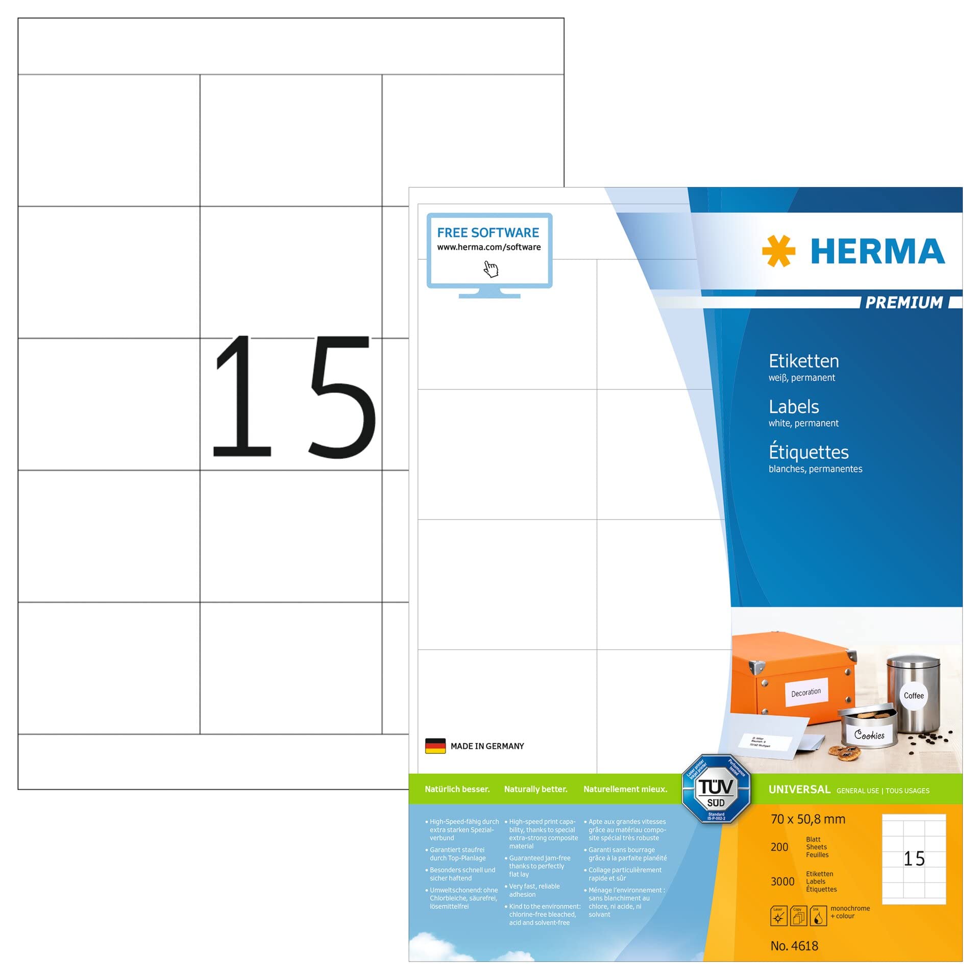 HERMA Self Adhesive Multipurpose Labels, 15 Labels per A4 Sheet, 200 Sheets, 70 x 50.8 mm, 3000 Labels, Blank Universal Labels Stickers, Sticky Labels for Laser & Inkjet Printer, White