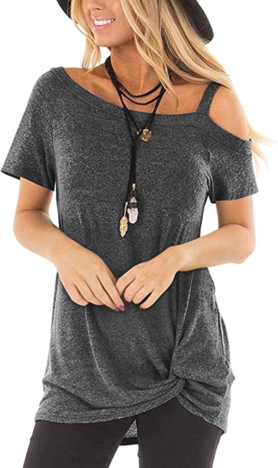 ZILIN Women's Cold Shoulder T-Shirt Short Sleeve Knot Twist Front Tunic Tops (d-Grey, 2XL)