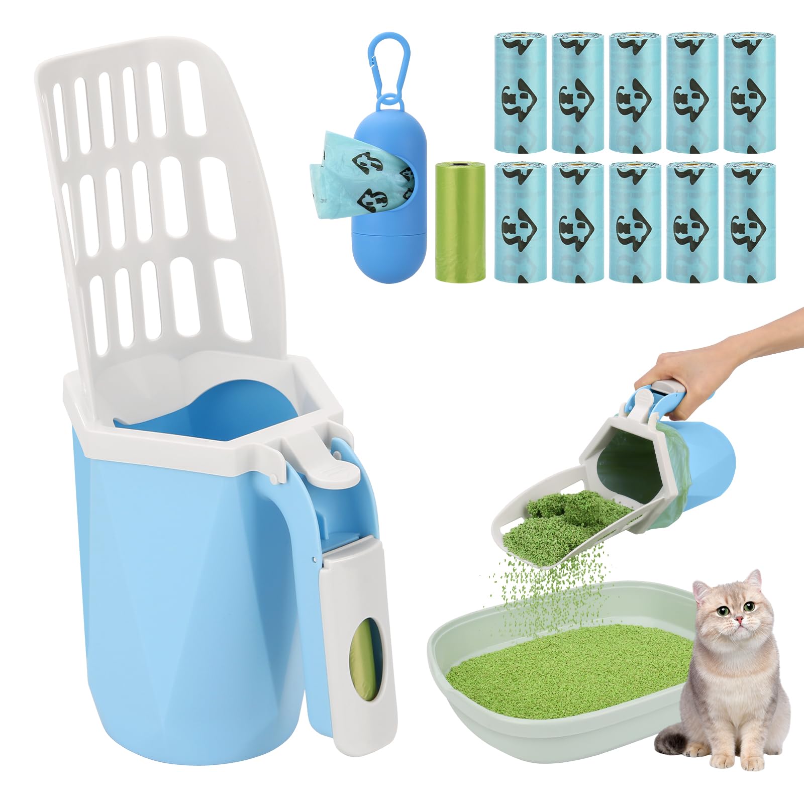 PWEZON Cat Litter Scooper with Bags, Upgraded Cat Litter Shovel with Holder and Waste Can, Cat Scooper with Extra 150 Count Litter Waste Bags, Portable Litter Shovel