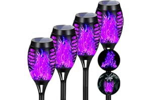 AOUNQ Solar Lights Outdoor Halloween Decorations, Upgraded 4 Pack Purple Solar Torch Lights with Flickering Flame, Waterproof Halloween Lights Outdoor, Tiki Torches for Outside Patio Pathway Decor