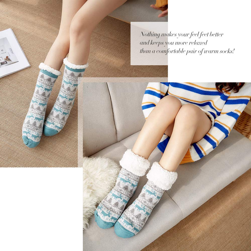 4YOUALL Womens Fleece Lining Soft Warm Fuzzy Sock, Christmas Thermal Knee High Stockings Slipper Socks (Lake Blue Deer)