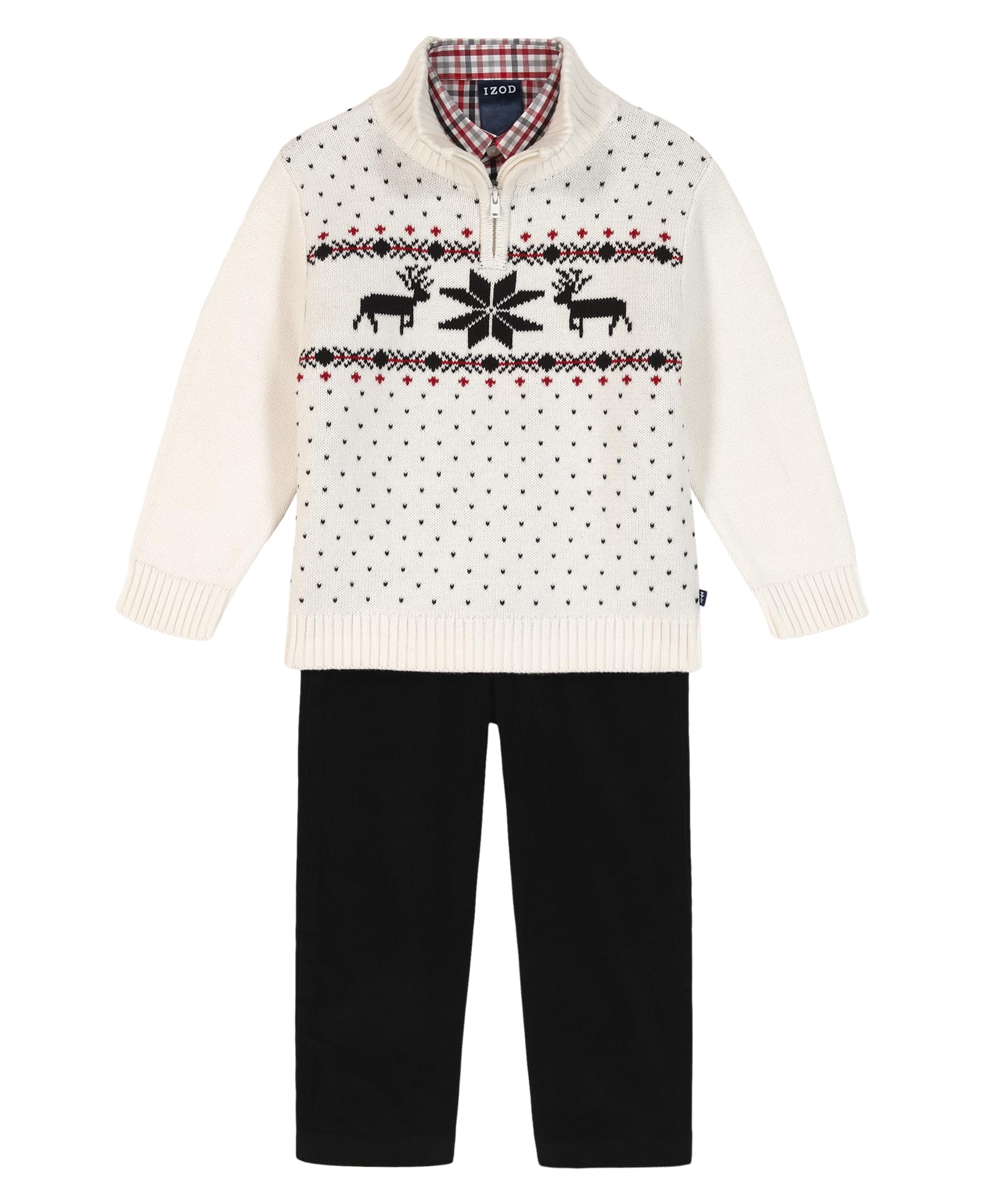 Izod Boys’ 3-Piece Sweater, Dress Shirt, and Pants Set, Ivory Reindeer Fairisle, 7