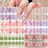Flower Semi Cured Gel Nail Strips Gradient Gel Nail Sticker Self-Adhesive Full Nails Wraps Multicolor Glitter Design Floral Nails Stickers Floral Strips for Women DIY Salon Manicure Supplies