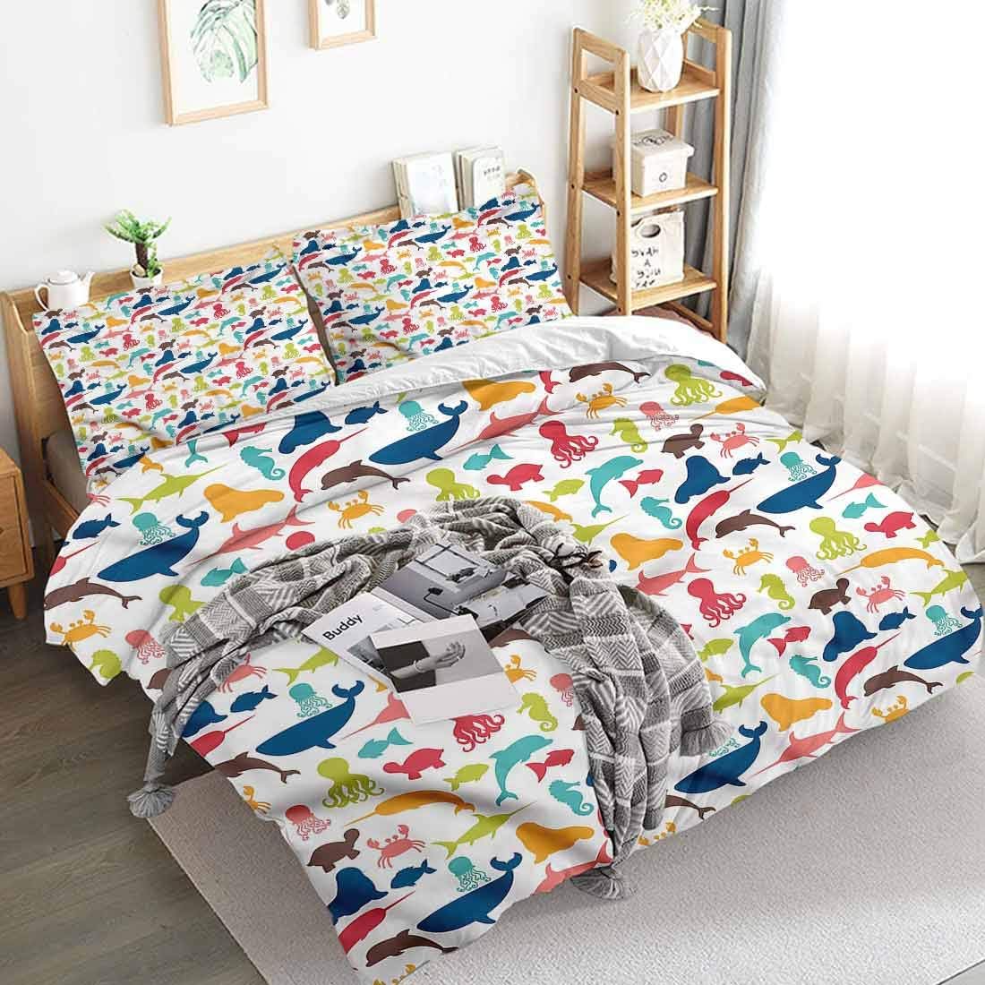 Mozenou Queen Duvet Cover Aquarium Narwhal Octopus in Ocean 100% Polyester Bedding, 1 Duvet Cover and 2 Pillowcases, Zip Closure 89x89 inch