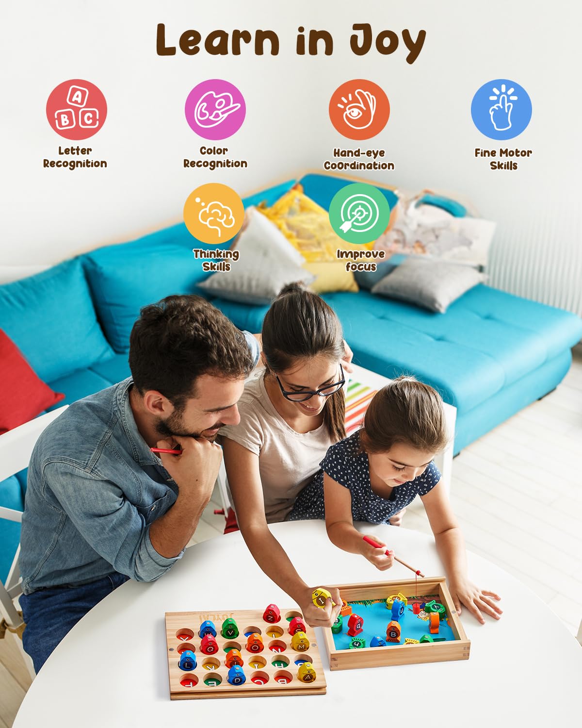 JoyCat Wooden Magnetic Fishing Game for Toddlers, Alphabet Educational Color Sorting Games Puzzle, Fine Motor Skills Toy with Letters, Preschool Learning ABC Toys Easter Gift for Kids 3 4 5 Years Old