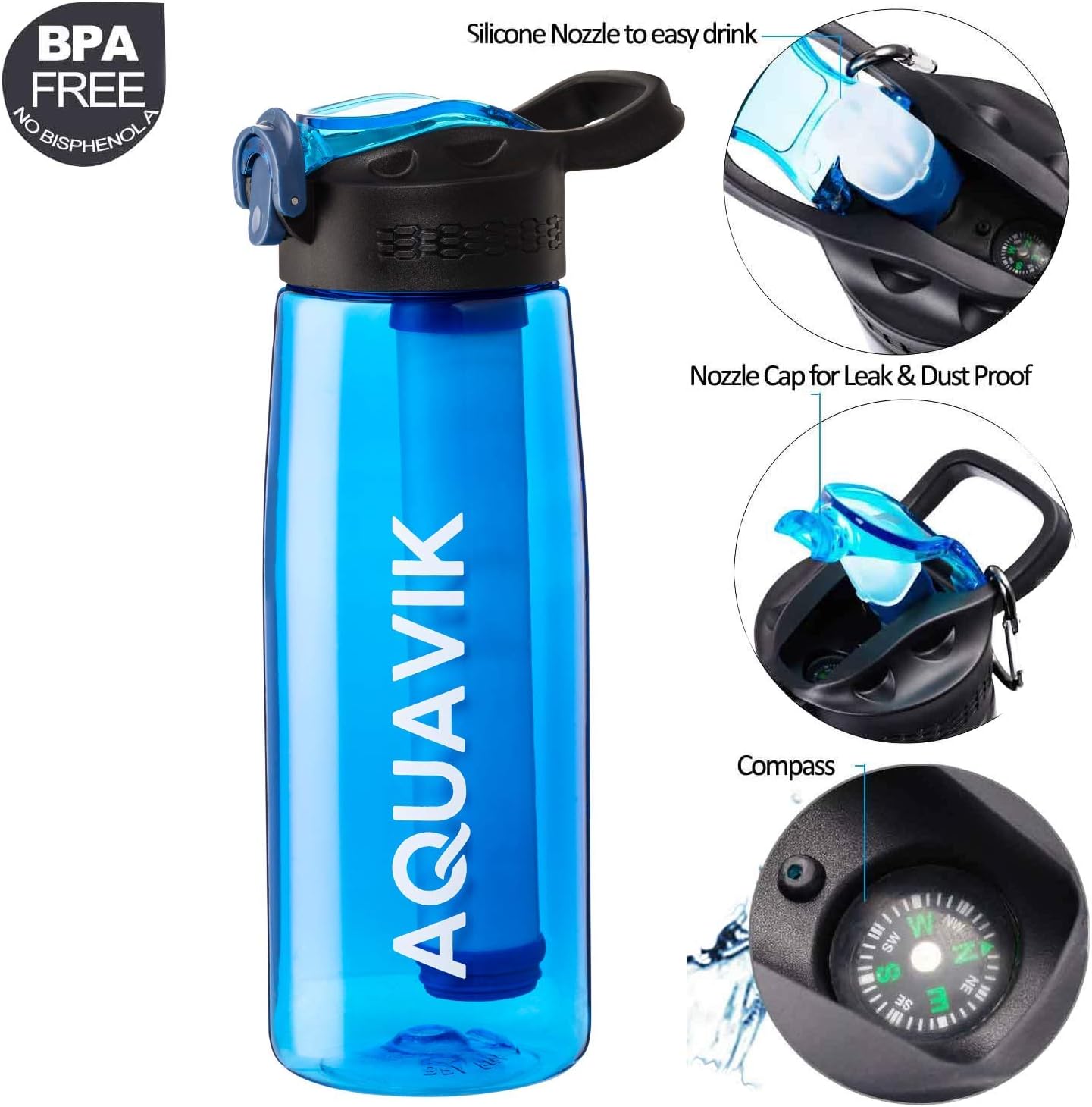 AquaVik Portable Water Filter Bottle for Survival, Travel, Camping, Hiking, Hunting, Outdoor and Daily Use, Home & Office. Filtered Water Bottle is BPA Free and Leakproof. Water bottle with filter: Home Improvement