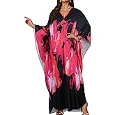 JILUVIN Kaftan Dresses for Women Plus Size V Neck Caftans Long Batwing Sleeve Beach Cover Ups Summer Floral Print Dress