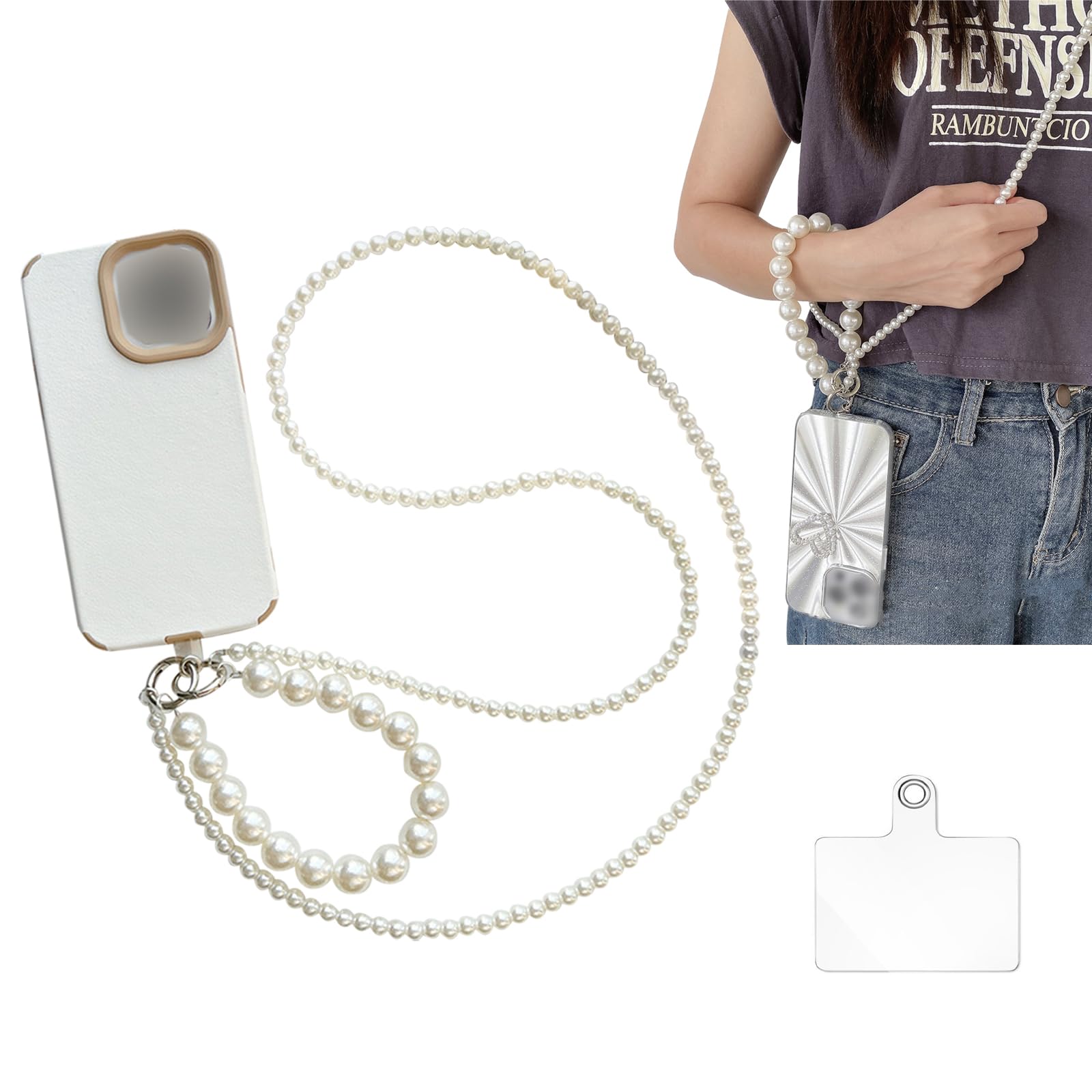 KASESSS Pearl Crossbody Phone Lanyard - Universal 2 in 1 Neck and Wrist Strap for Women Girls - Mobile Tether Tab for Most Smartphones