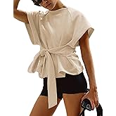 Zhiyouni Women's Summer Short Sleeves Tee T Shirt Crewneck Tie Knot Tops Sweatshirt