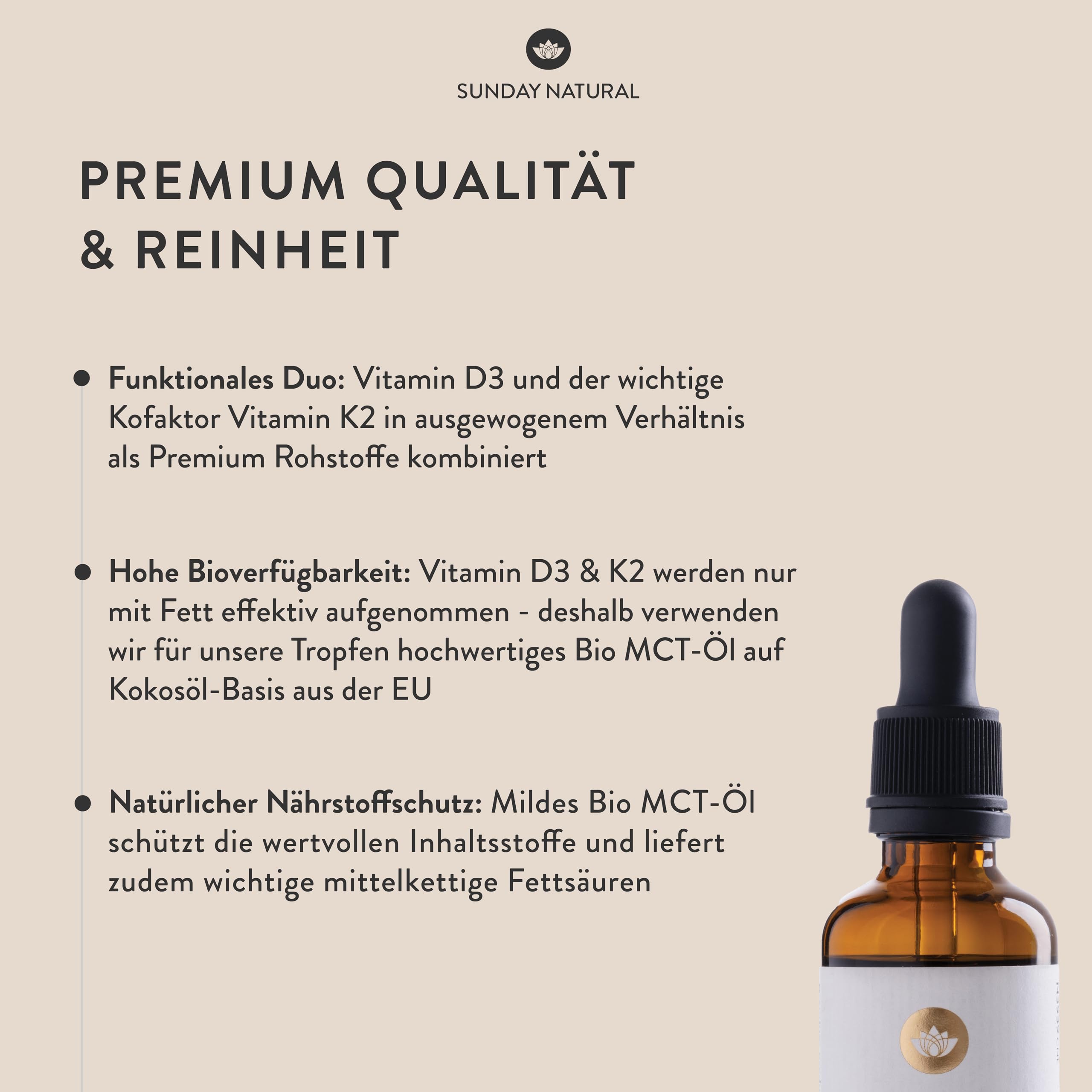 SUNDAY NATURAL® Vitamin D3 K2 Tropfen – Premium Vitamin D 3 1.000 IE (25µg) + K2-MK7 ≥99,8% all-trans 20µg – Kölner Liste® - Hohe Bioverfügbarkeit, ohne unnötige Zusätze, laborgeprüft 4