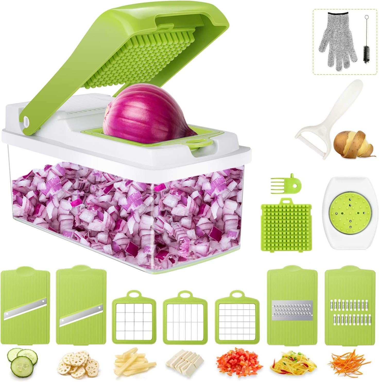 Gifort Gemüseschneider, 16 in 1 Obstschneider Kartoffelschneider ZwiebelschneidZer Zwiebel Zerkleiner Gemüsehobel Multischneider Manuelle Mandoline für Knoblauch, Kartoffeln, Tomaten