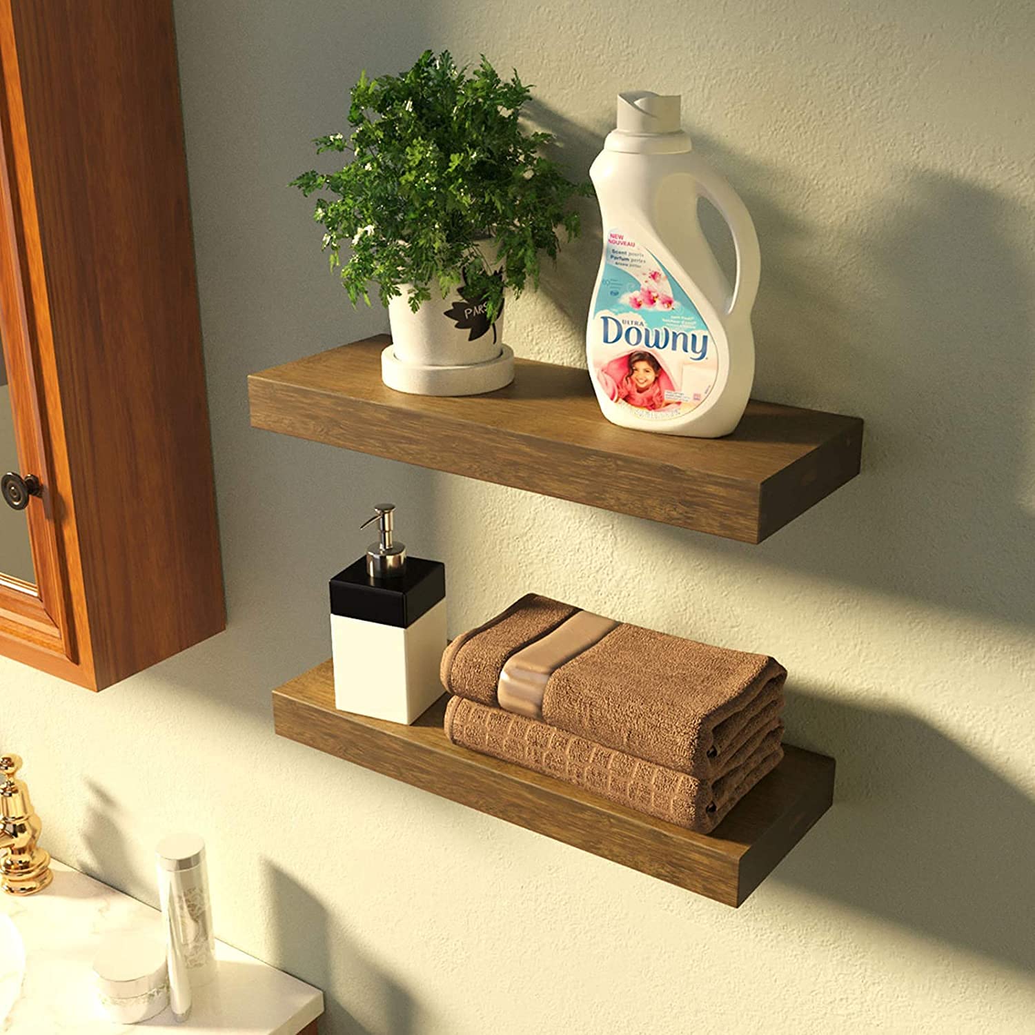 Mtank Floating Wall Shelf Set of 2,Natural Bamboo Wall Decor Storage
