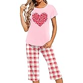 LHBNK Valentines Pajamas for Women: Valentines Pj Sets Short Sleeve Sleepwear Tops With Capri Pants Pajamas Set