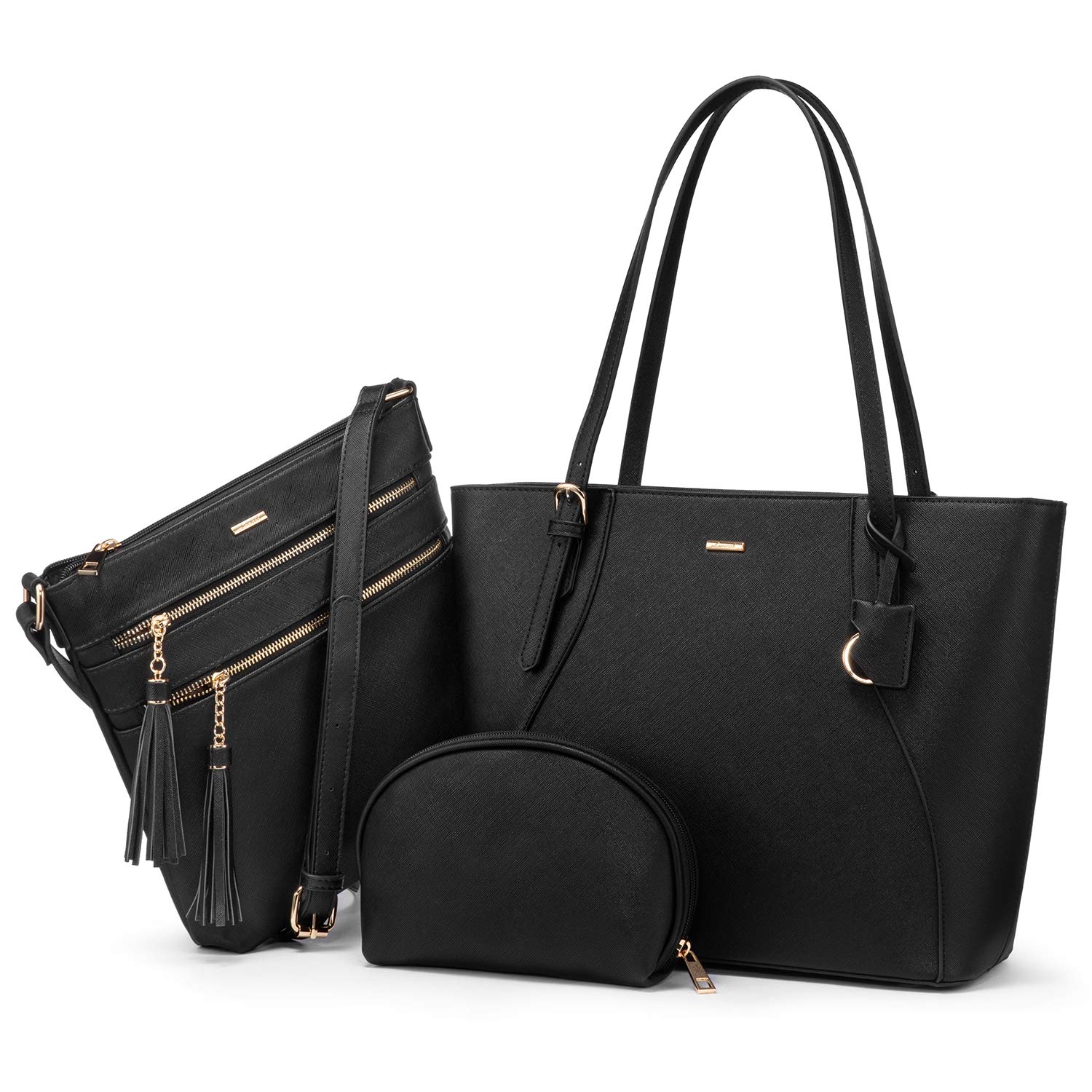 LOVEVOOK Handtaschen Damen Set, Tasche für Damen Umhängetasche Schultertasche Geldbörse Cross Body Bag Shopper Henkeltasche Tote Tasche 3PCS PU Leder Schwarz